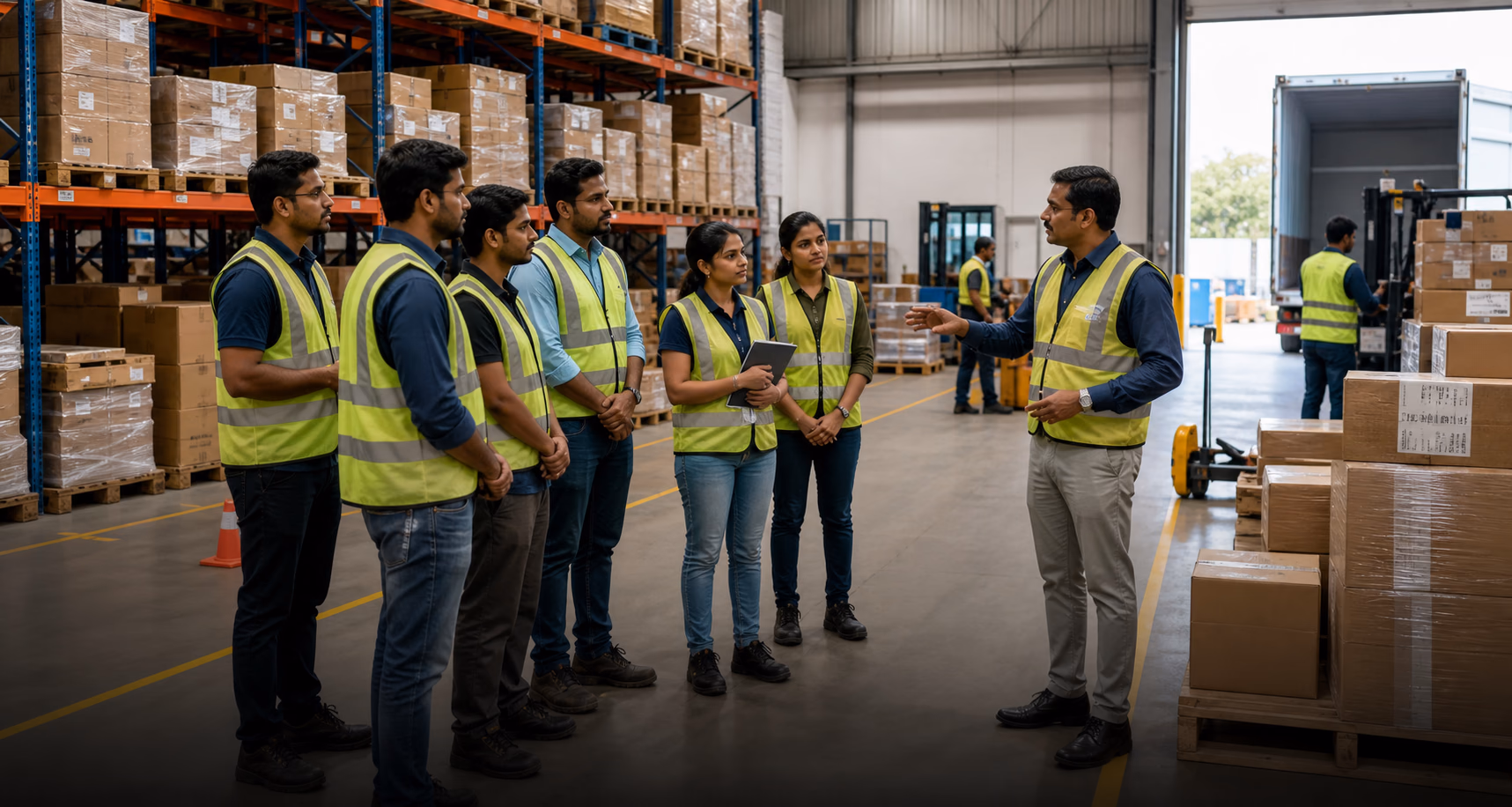 Logistics trainer guiding learners inside an active warehouse