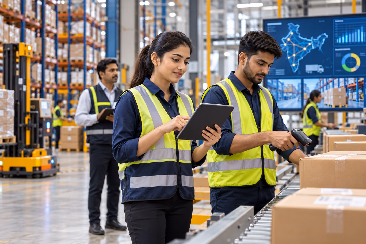 Young Indian logistics professionals using inventory technology in a modern warehouse
