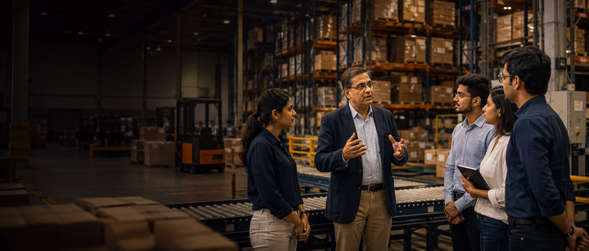 Logistics industry mentor guiding aspiring professionals inside a modern warehouse