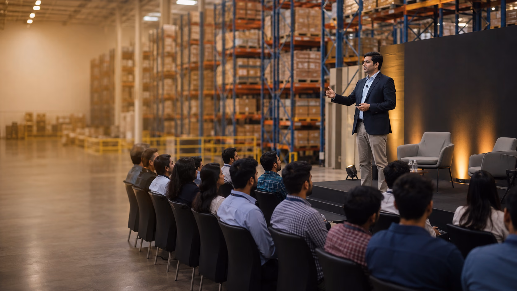 Logistics expert addressing seminar participants inside a warehouse
